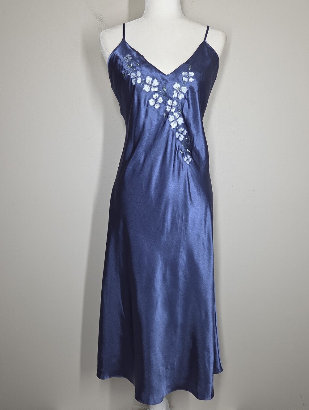 Vtg 90s Y2K Jones New York Blue Floral Satin Midi Slip Dress PL Fairy Grunge